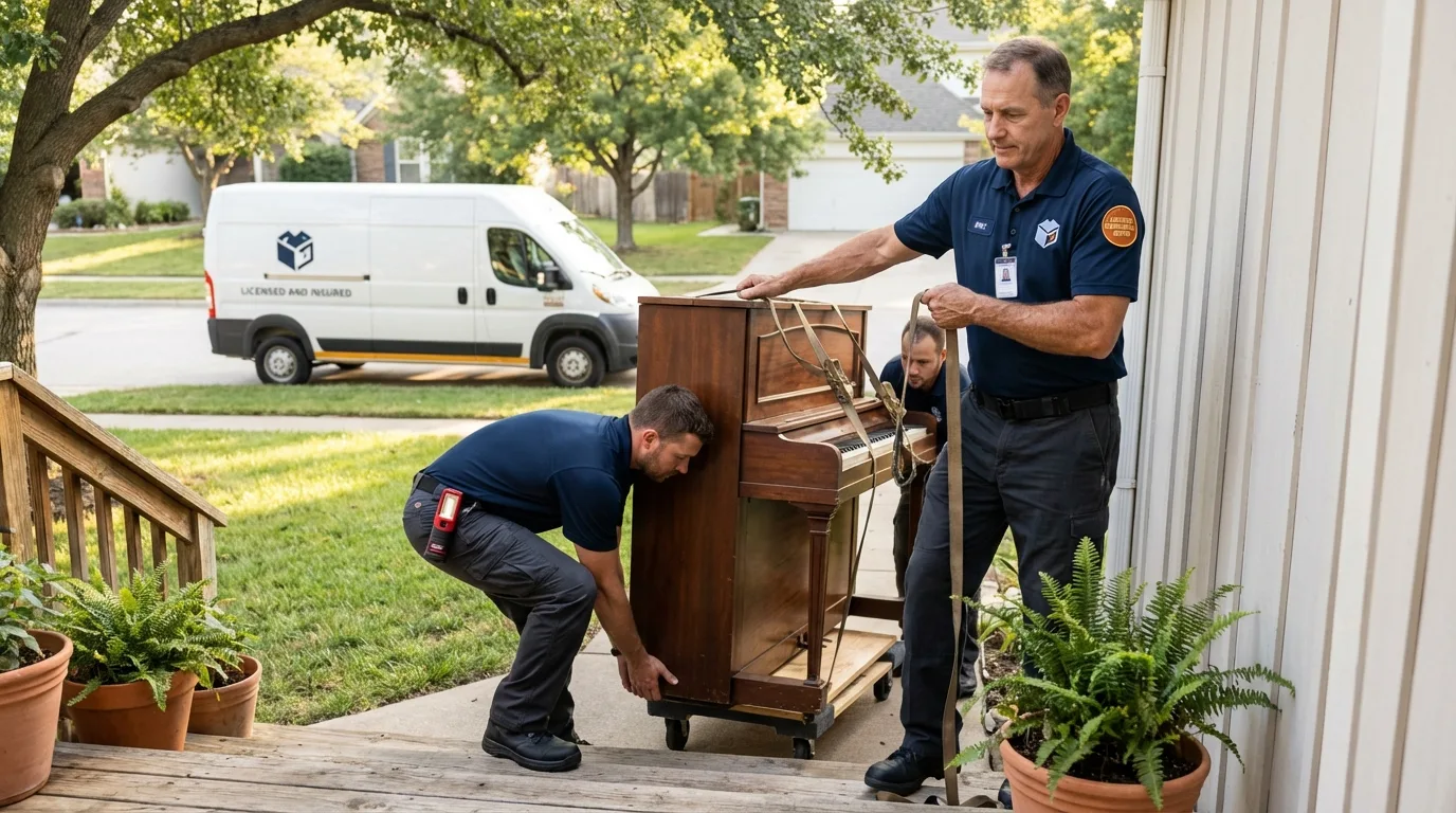 Licensed piano movers securing grand piano in Brigham City, UT