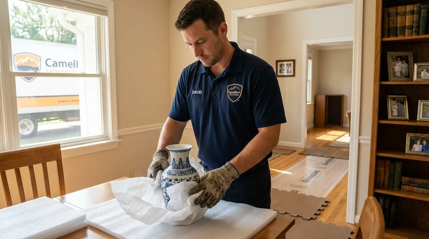 Professional crew carefully wrapping antique vase for senior downsizing move in Brigham City, UT